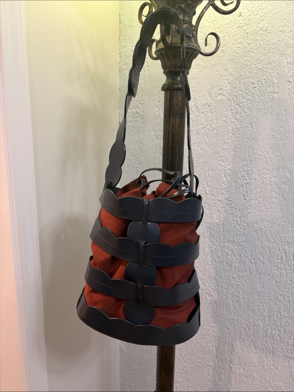 Women's Rust and Black Bucket Shoulder Bag with Leather Straps